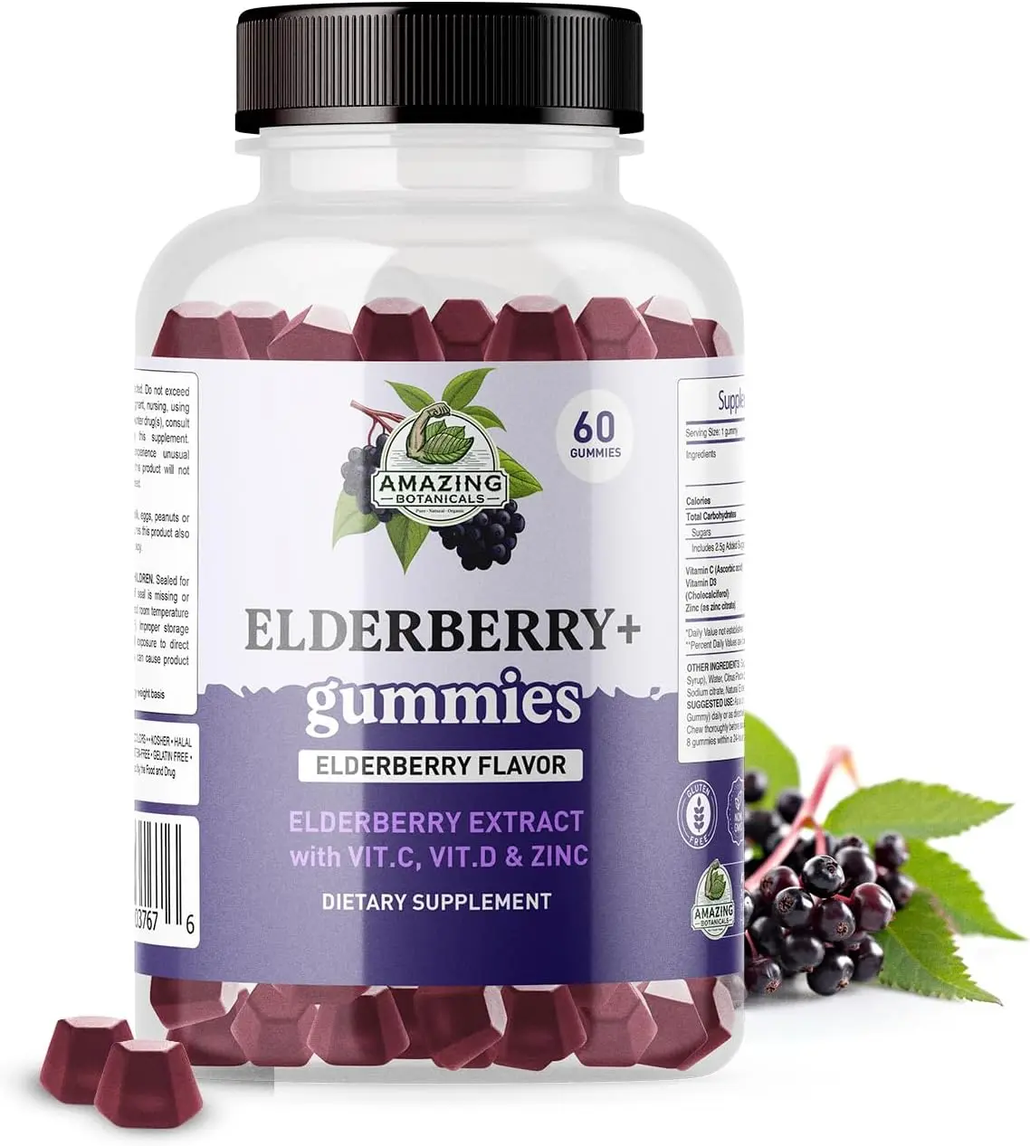 Amazing Botanicals Elderberry Immune Support Dietary Supplement - Sambucus Elderberry Natural Extract, Vitamin C, Vitamin D3, Zinc, Antioxidant - 60 Count Vegan, Non-GMO, Gluten-Free, Cruelty-Free Chewable Tablets