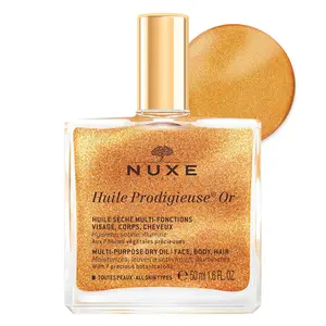 NUXE Huile Prodigieuse Shimmer Multi-Purpose Dry Oil - Luxurious Radiant Glow and Hydration for Face, Body & Hair, 1.6 Fl Oz Golden finish