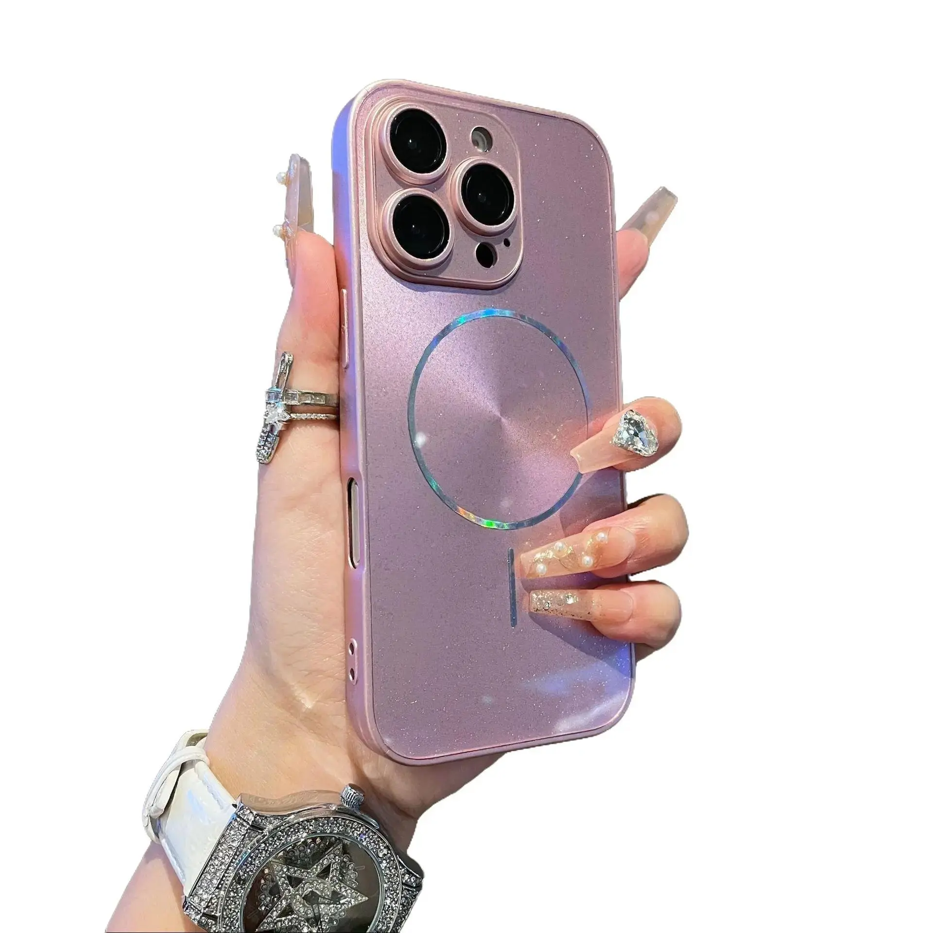 Women's Ice Crystal Sparkling Patterned High-End Glass Phone Case - Protection for iPhone 17/16/15/Pro/Max, Full Coverage Lens Protector with Lens Film, Magnetic Shockproof Slim Casing, Fits iPhone Models, Iphone 16 Pro