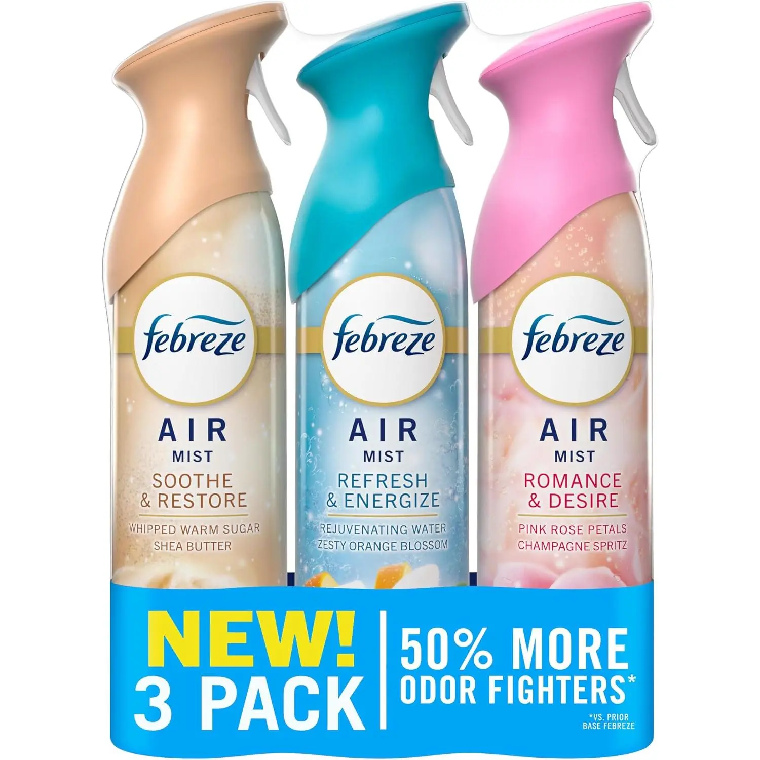 Febreze Air Mist, Air Freshener, Odor Fighting Room Spray, Deodorizer for Home Bathroom Kitchen Office Apartment, Soothe & Restore, Refresh & Energize, Romance & Desire Variety Pack, 8.1oz (Pack of 3)