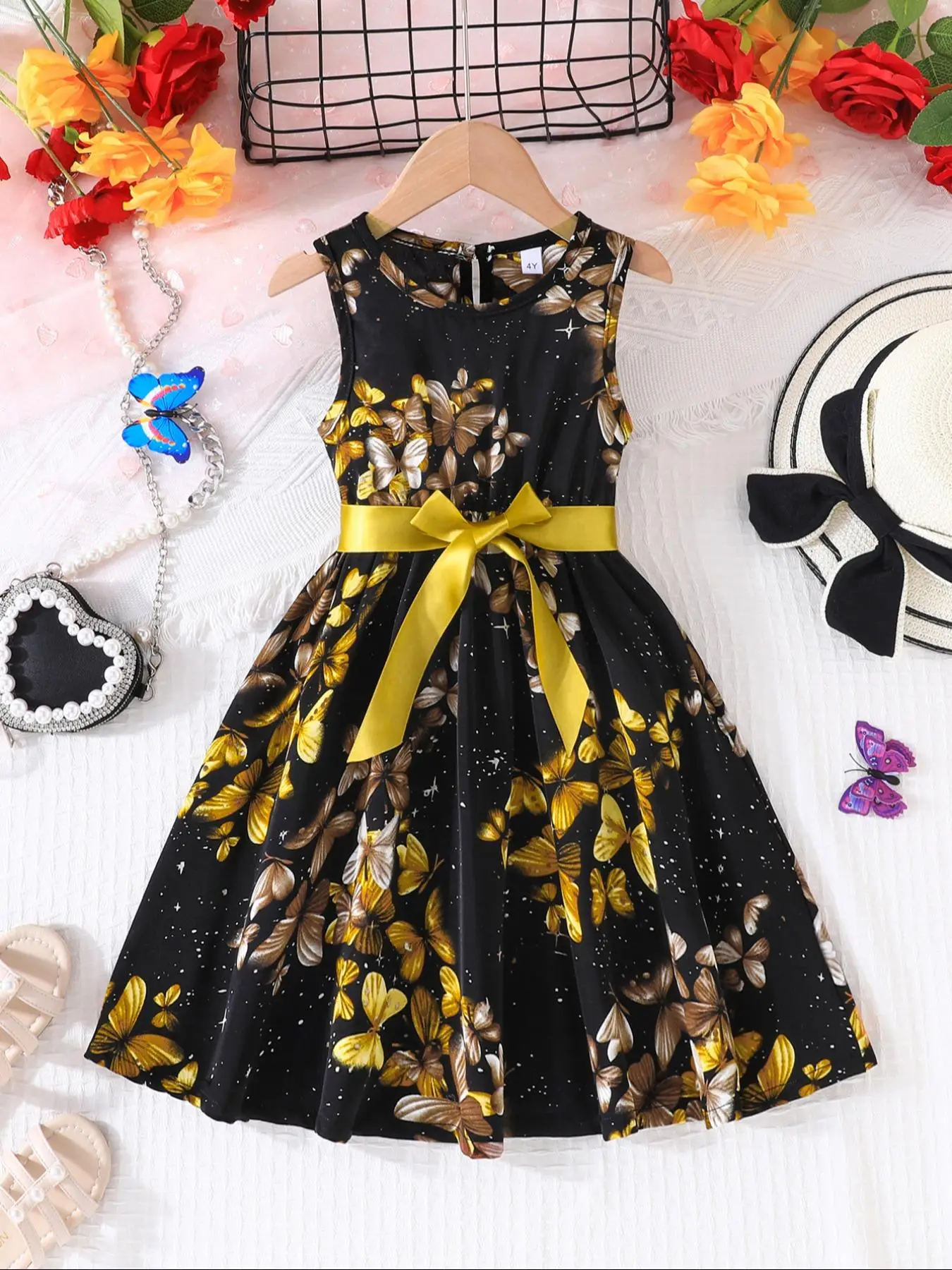 Girl's Butterfly Print Sweater Dress with Belt, Casual Sleeveless Knitting Dress for Summer, Kids Clothes for Daily Wear