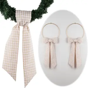 Wreath Sash for Front Door Decorations, 2 Pack Khaki White Checkered Plaid Bow Ribbon Bundle for Holiday Christmas Fall Wedding Farmhouse Rustic Home Decor Indoor Outdoor Accessories