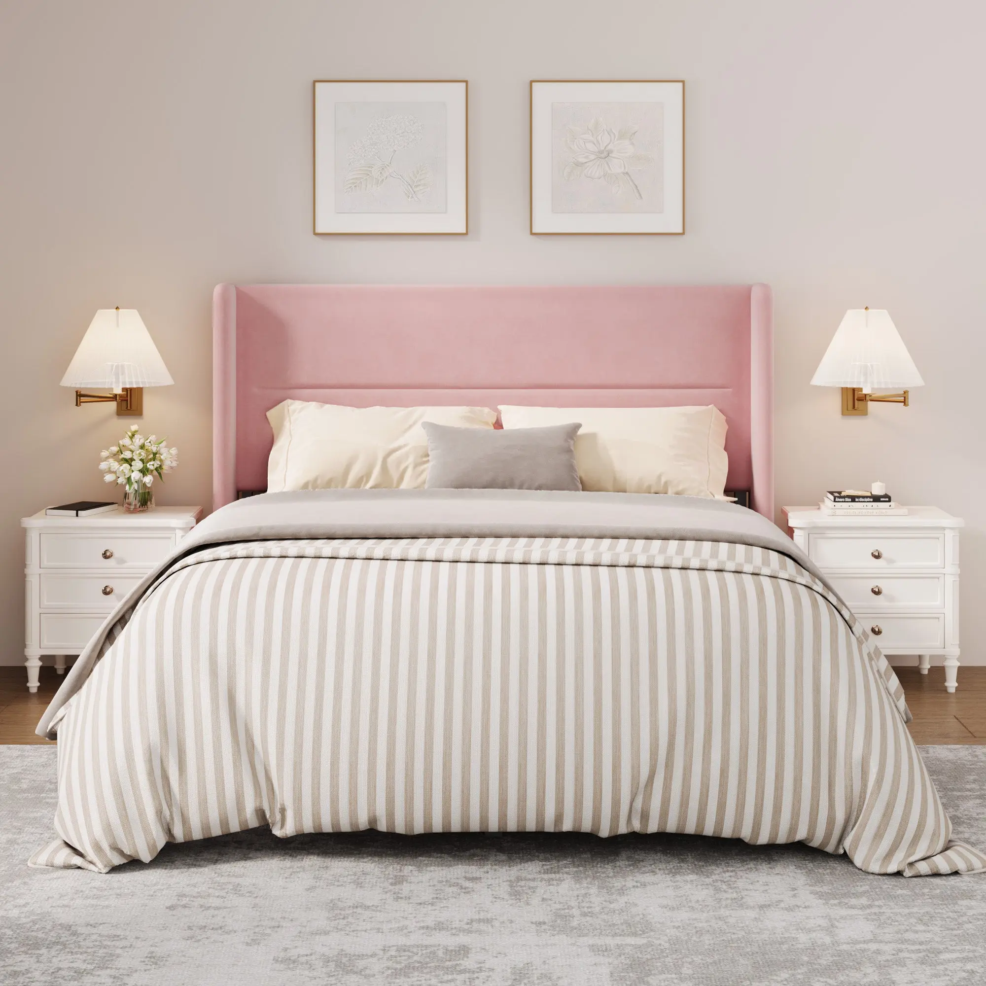 [ FLASH SALE] Garvee Full Bed Frame with Wingback Headboard, Velvet Upholstered Platform Bedframe with Sturdy Wooden Slats Support Full Size, No Box Spring Needed, Easy Assembly, Pink