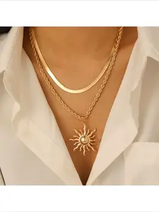 Trendy Popular Sunflower Flame Pendant Necklace Luxury Minimalist Creative Dainty Necklace For Women Stackable Sun Clavicle Chain Fashion Jewelry, it's a hot selling new trending stylish aesthetic jewelry for daily wear and party