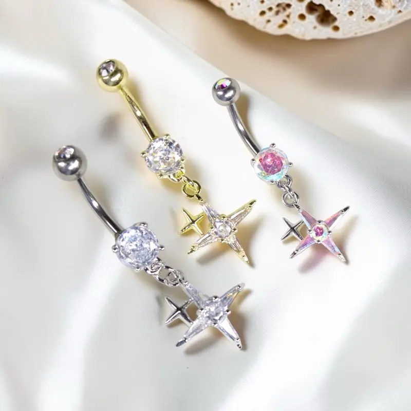 14G (1.6mm) Silver Surgical Steel Trendy Celestial Star Dangle Belly Button Rings for Female, 10mm Barbell Length, Sparkling Charm for Healed Navel Piercings, Daily Wear & Gifting, Barbell Length: 10Mm