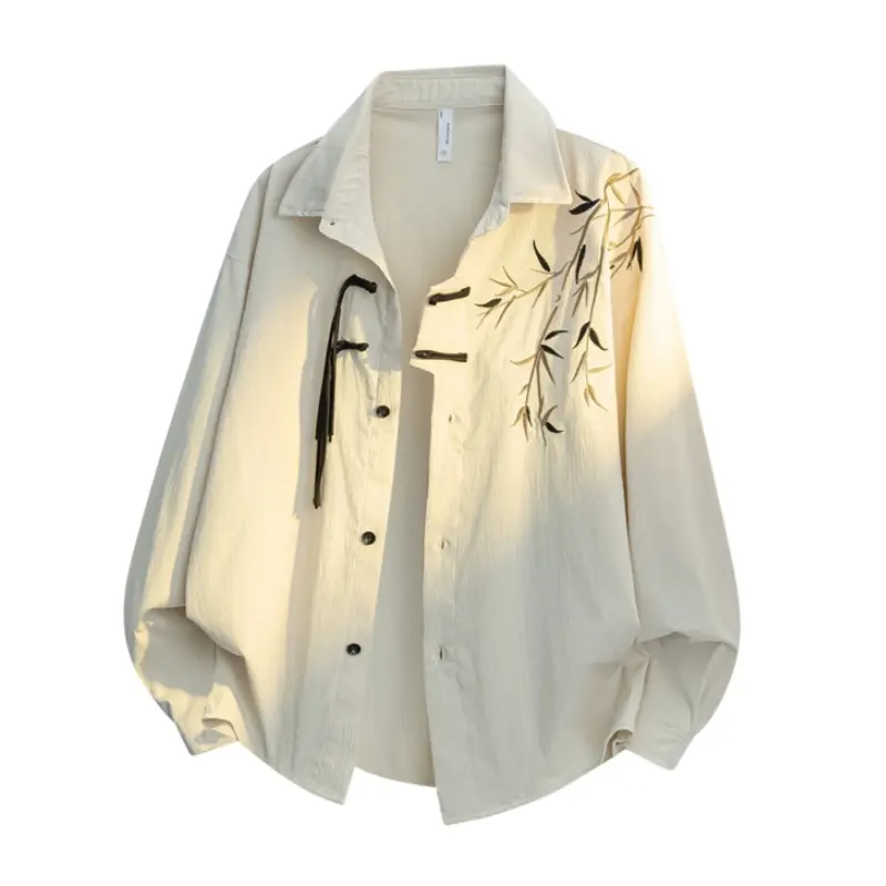 Men’s Spring/Autumn New Loose Long-Sleeve Shirt with Bamboo Embroidery, Chinese Style, Casual, Versatile, Comfortable Open-Front Cardigan Jacket