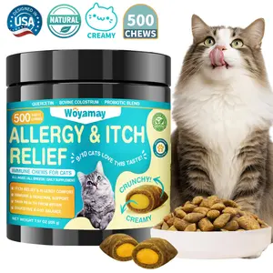 Woyamay Cat Allergy & Itch Relief Chews 500 Cts Anti-Itch for Cats Skin & Coat Supplement, Omega 3 Fish Oil, Stop Hot Spots, Paw Licking Turmeric & Colostrum Immune Support