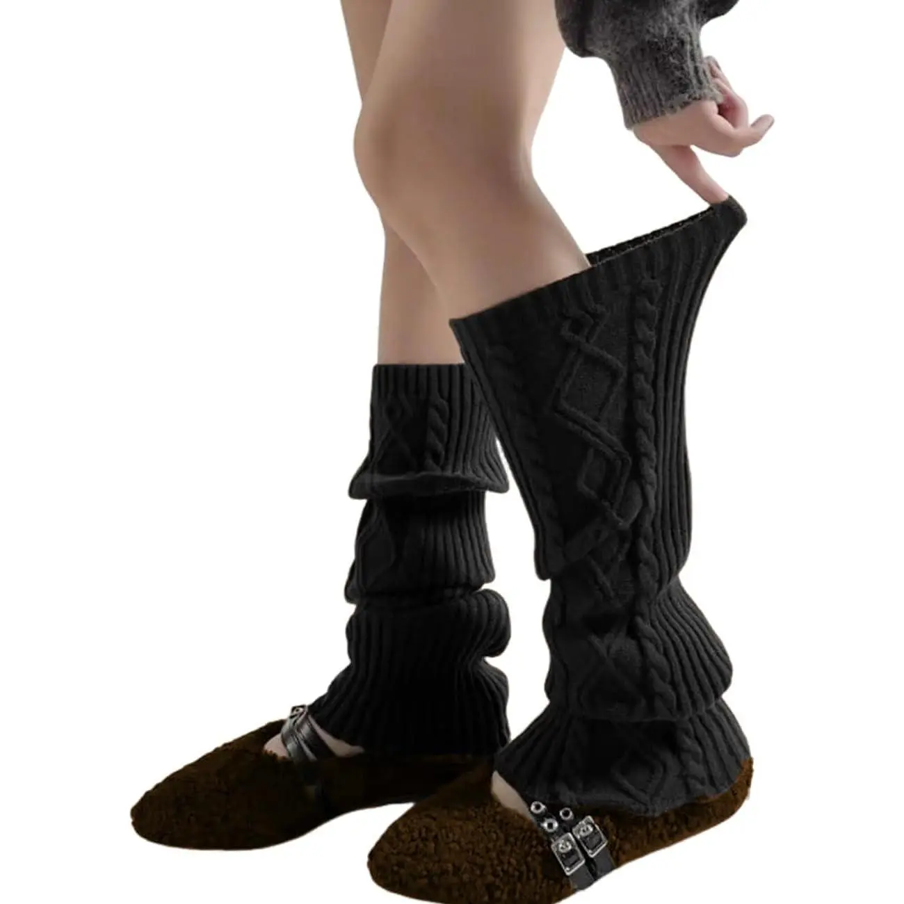 Women's Slouchy Leg Warmers, Cute Cable Knit Knee-High Boot Socks with Lace Bow for Harajuku & Lolita Style Winter Outfits, Clothes, Harajuku Lace, Soft Yarn, Casual, Knee Socks, Single Pair
