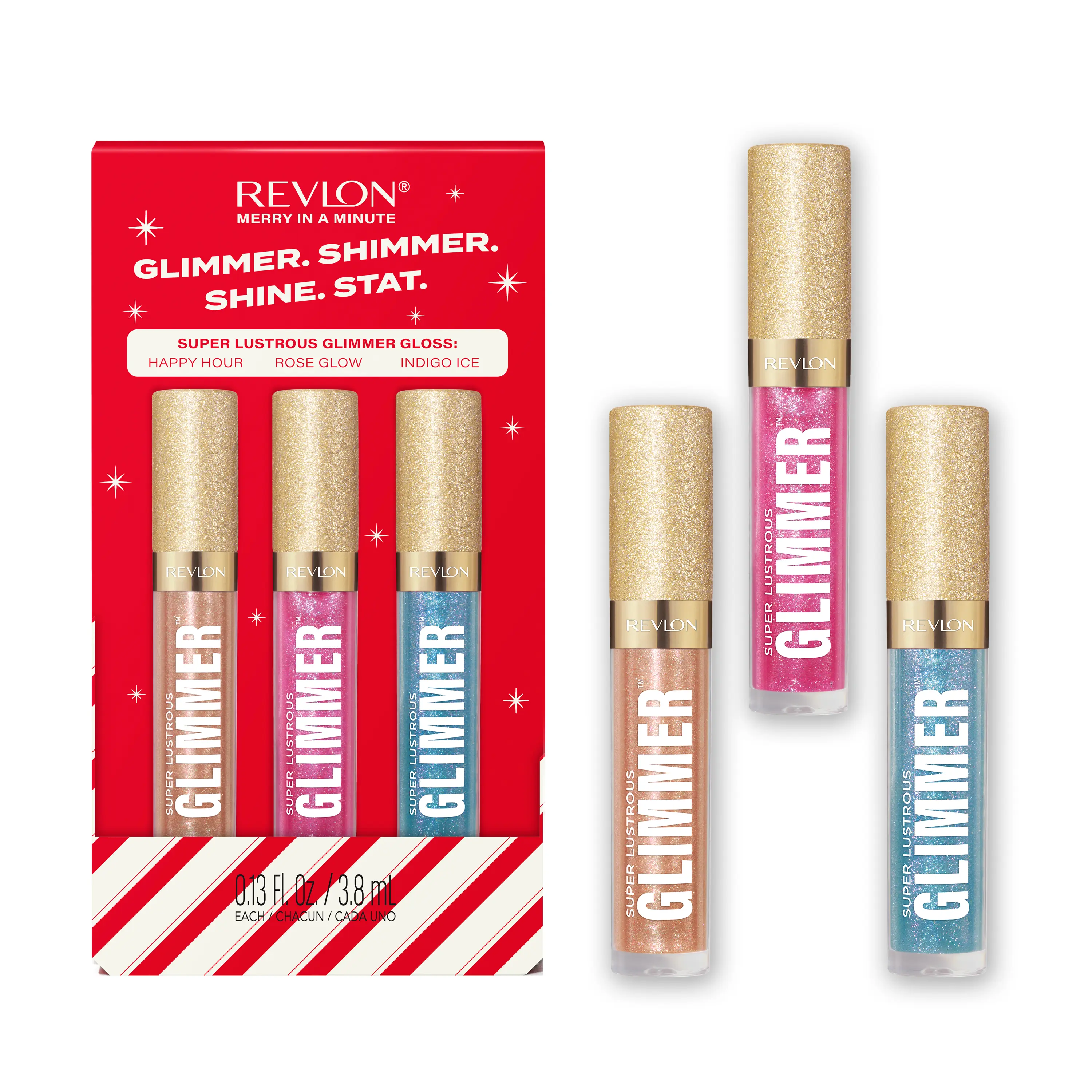 Revlon Super Lustrous Glimmer Gloss Gift Set, Indigo Ice, Happy Hour, Rose Glow, 3 count
