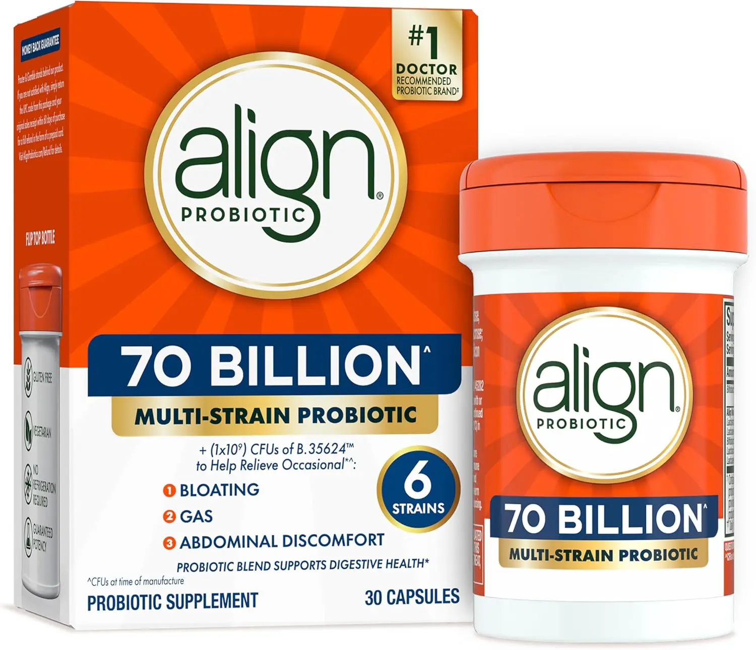 Align Probiotic Capsules - 70B CFU, 6-Strain Blend, Daily Supplement for Women & Men, Supports Digestive Health, Relieves Occasional Bloating & Gas (30 Count)