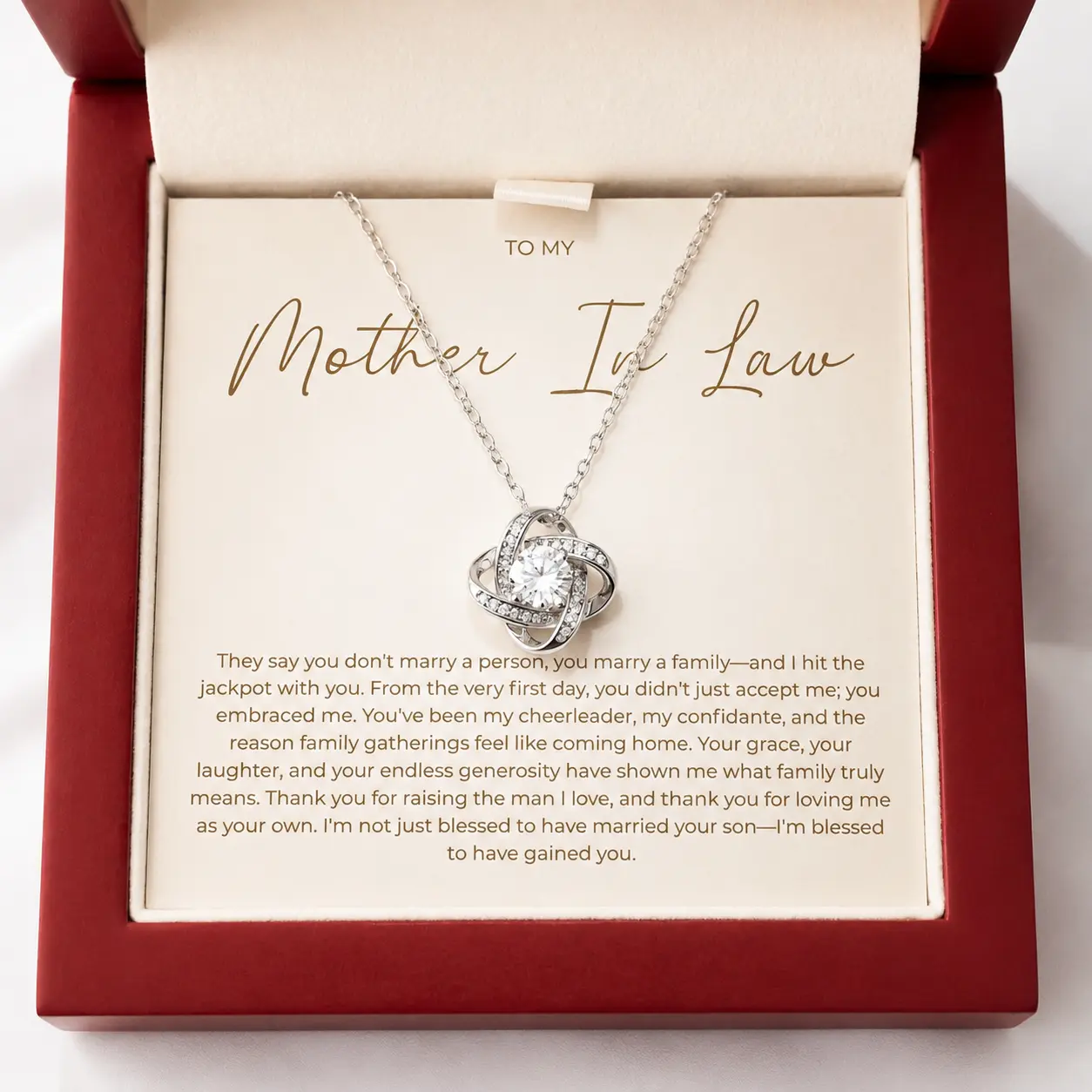 Mother-in-Law Necklace Gift from Daughter-in-Law, 4 Leaf Clover Cubic Zirconia Pendant Necklace with Message Card & LED Wooden Gift Box, Stainless Steel Jewelry for Mother’s Day, Birthday, Christmas Gift