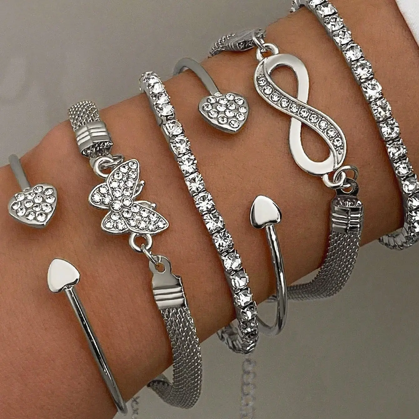 6 Pcs Silverly Rhinestone Bracelet Set for Women, Sparkly Butterfly Heart Infinity Symbol Stackable Tennis Chain Cuff Bangle, Fashion Layered Jewelry for Daily Party Gift