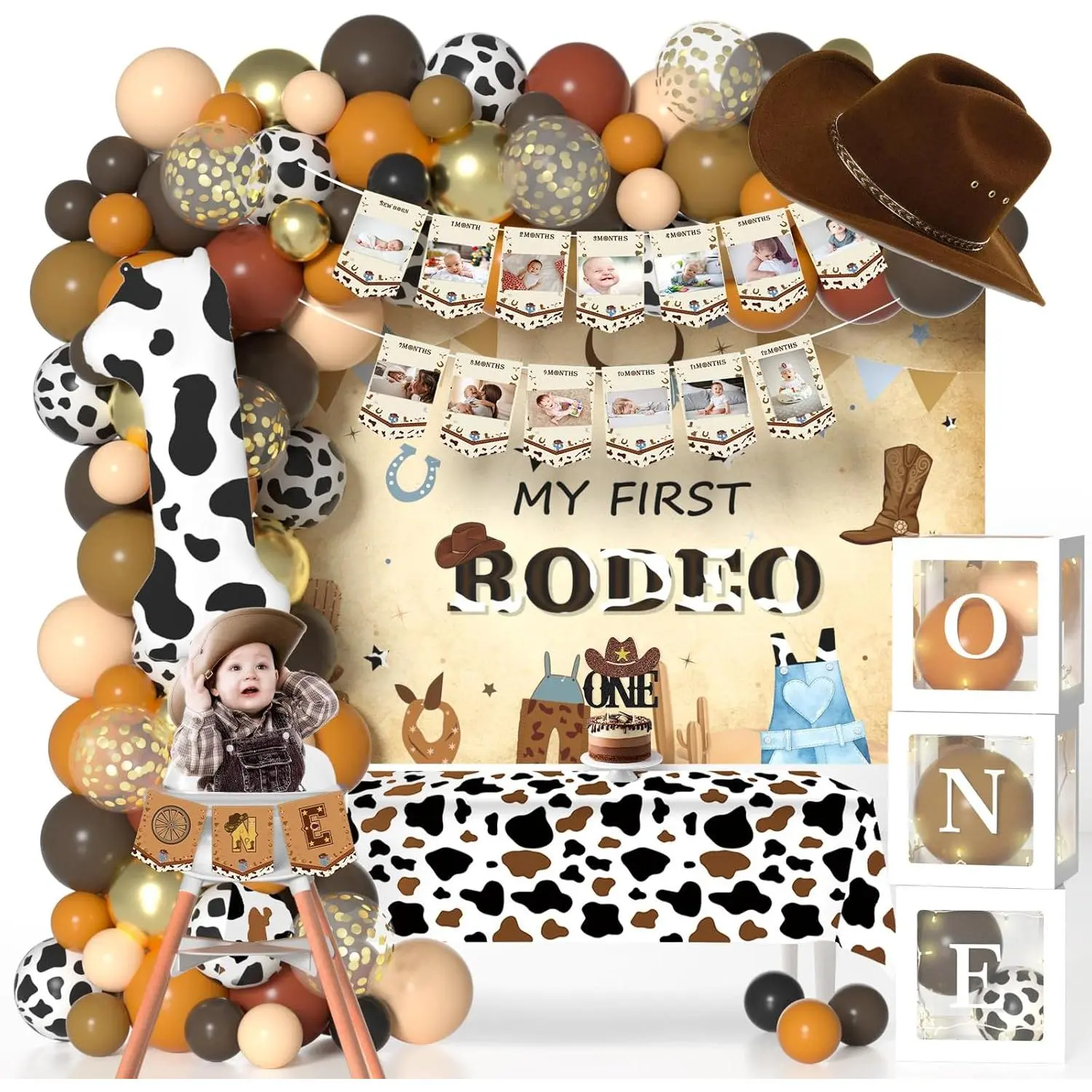 Male Toddler Western Cowboy 1st Birthday Party Supplies Kit with Decor, Light, Plastic Balloon Arch, Number 1 Balloons, Banner, Cake Toppers, Backdrop, Highchair Box, Tablecloth, My First Rodeo Gifts Set