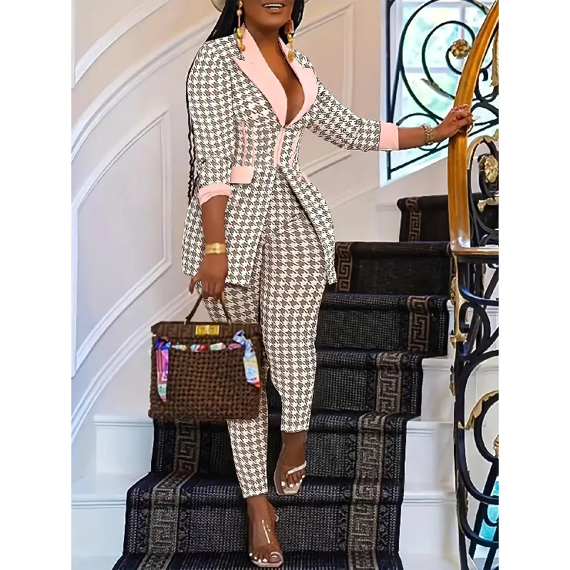 Women's 2-Piece Houndstooth Print Blazer & Skinny Pants Set, Elegant Formal-Casual Comfy Outfit for Daily Outdoor Wear, All-Season Ladies Clothing Set