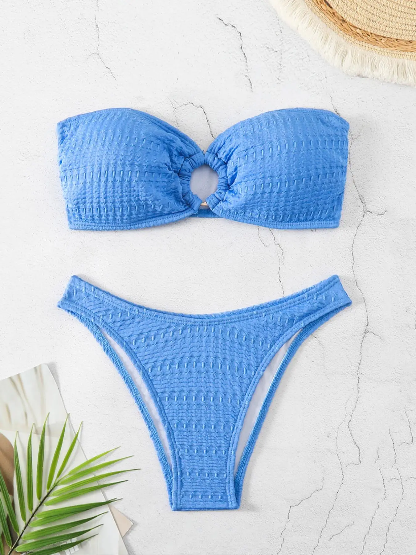 Two-Piece Set Women's Plain Textured Cut Out Ring Linked Bandeau Bra & High Cut Swim Bottom Frankies Bikini Set, Bathing Suits Women, Swimsuit for Wom