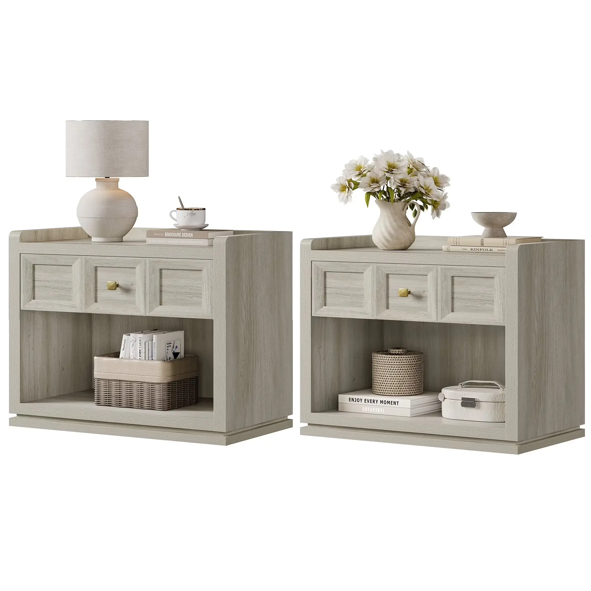 SICOTAS 31" and 26” Wide Nightstands Set of 2, Large Night Stands with Drawer, Oversized King Size Nightstand Bedside Table for Bedroom, Farmhouse End Side Table Set of 2 with Round Corners,Grey White Oak,Durable and Sturdy,dorm essentials,home decor