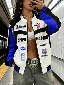 Women's Racing Jacket, Outerwear, Pilot Design, Y2K Colorblock Graphic, Classic Streetwear, Casual Fitted Style, Fall & Winter Fashion