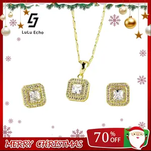 LuLuEcho 14K Gold Plated Iced-Out  Synthetic Moissanite Jewelry Set Necklace & Earrings for Glamorous Occasions Unisex Design