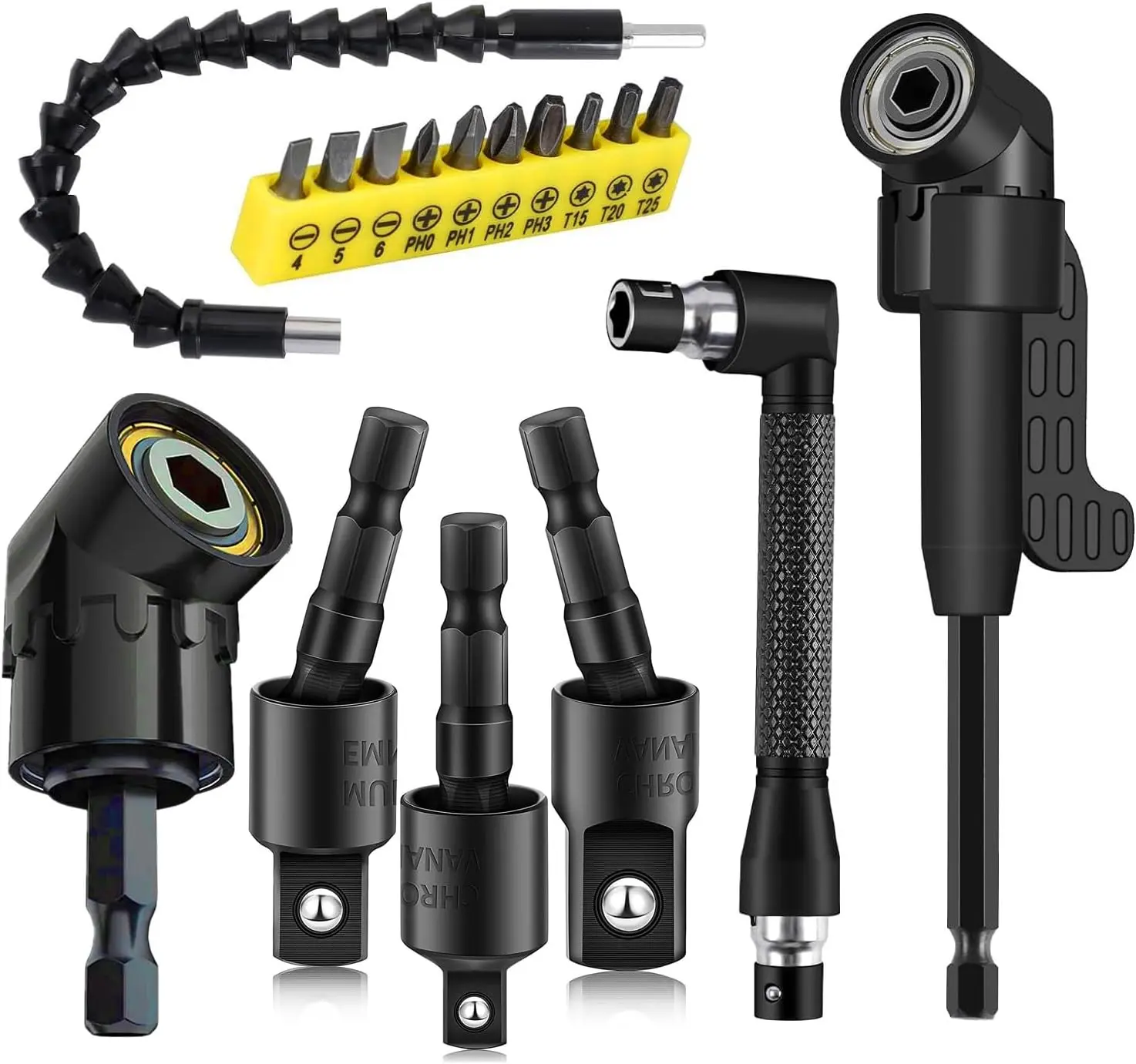 1Set Flexible Drill Bit Extension, Include 3Pcs Rotatable Socket Adapter 2Pcs Hex Shank 105° Right Angle Drill Attachment 10 Short Screwdriver Bits 90° Angled Bits and Bendable Extension, Universal Socket, Impact Adapter