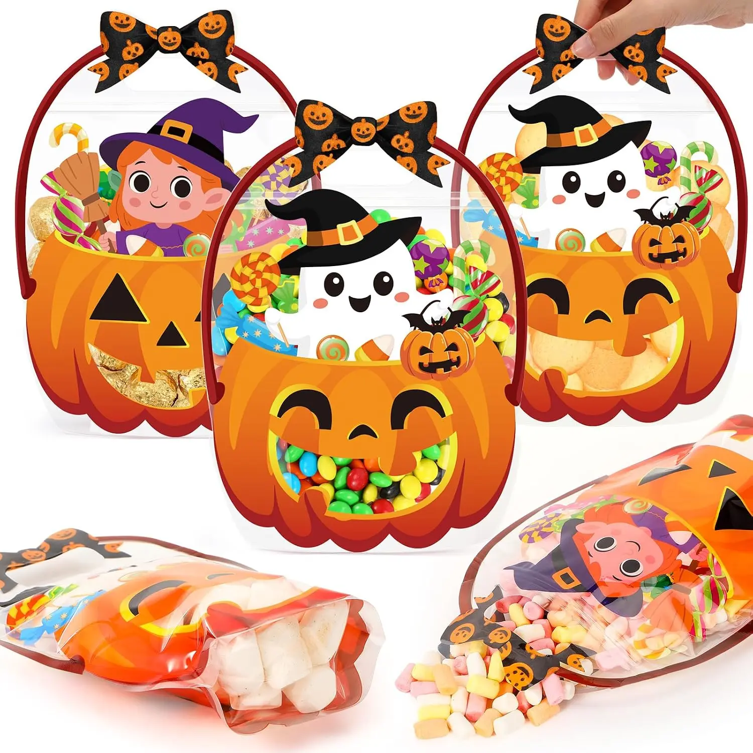 50 Pcs Halloween Plastic Bags Clear Ghost Witch Pumpkin Sealed Gift Pouches with Handles Resealable Scary Holiday Favor Bags for Halloween Holiday Party Candy Gift Wrapping Supplies Decoration