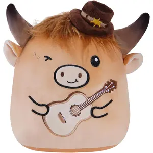 8 Inch Cute Highland Cow Stuffed Animal Soft Plush Toy with Guitar and Cowboy Hat Kawaii Plushie Pillow Gifts for Kids Farm Decor for Christmas Birthday Holiday