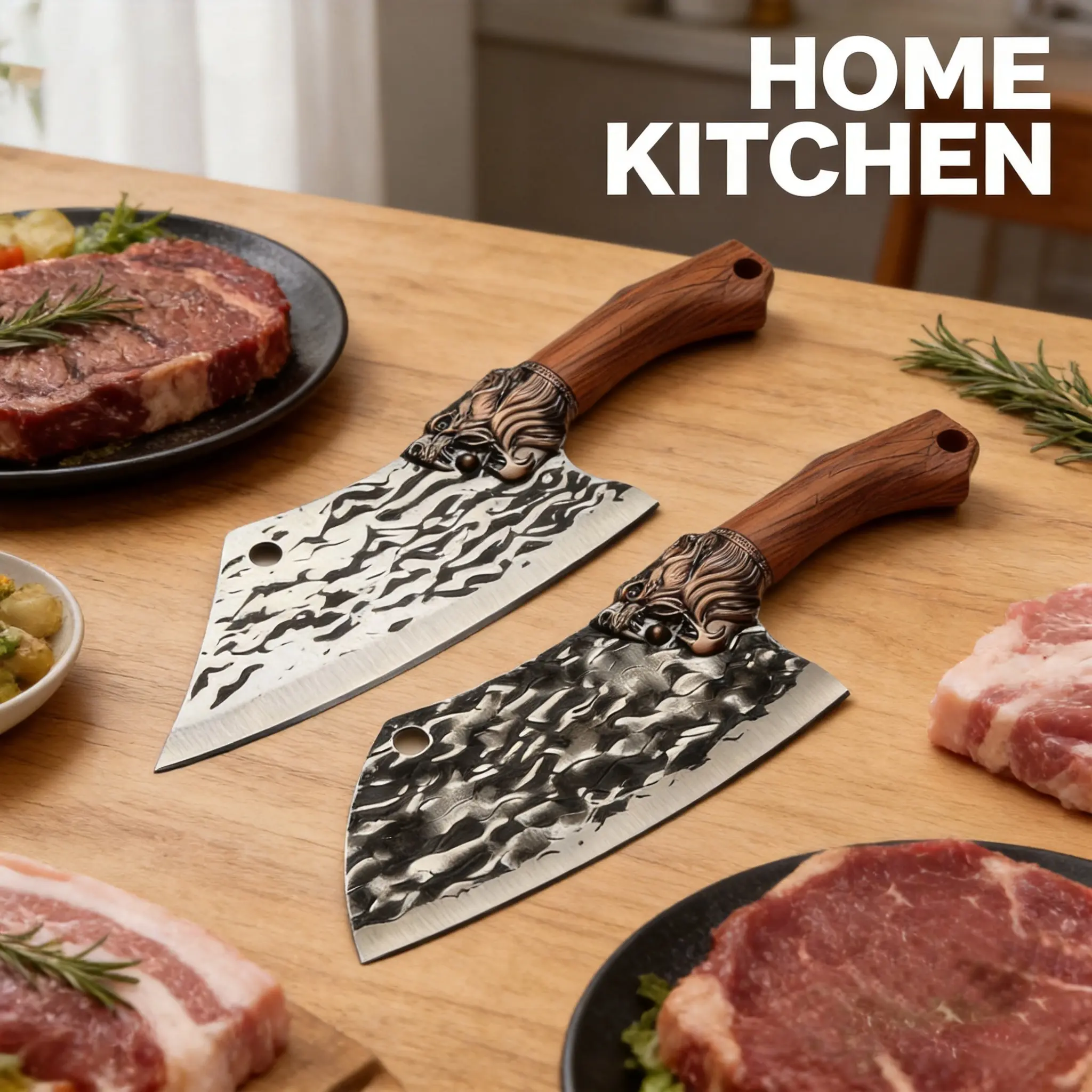 Retro Style 2-Piece Kitchen Cleaver Knives with Decorative Handles, Home Cooking Kitchenware for Cutting Tasks