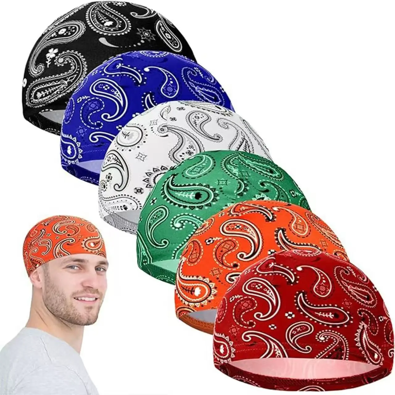 6-Pack Men's Skull Caps, Cooling Helmet Liners, Sweat-Wicking Lightweight Beanie Style Cap for Running, Cycling, B-6 Sets - One Color Per Set