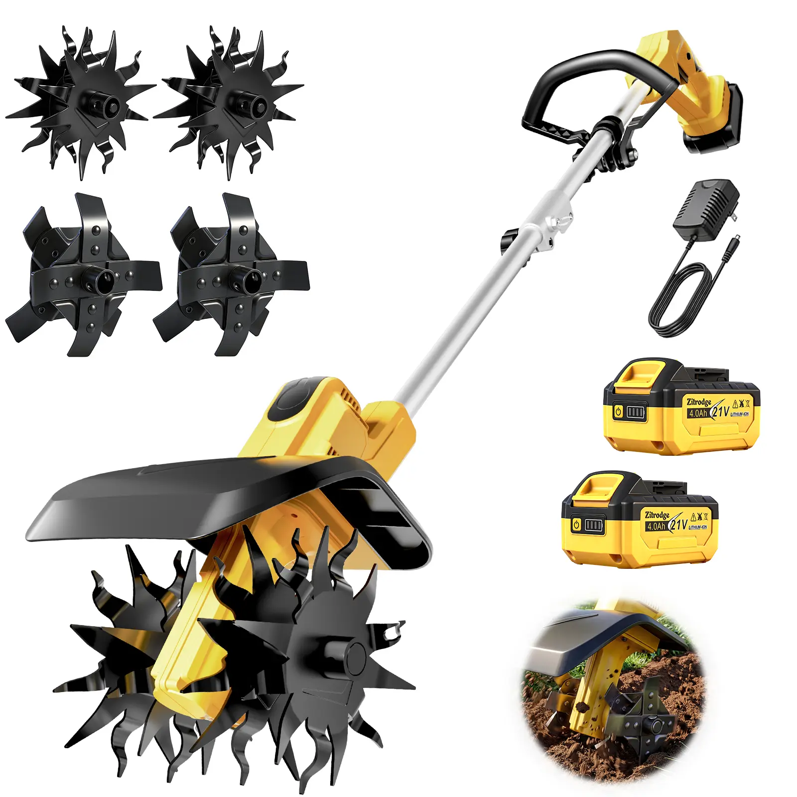 Cordless Tiller Cultivator/ Trencher 2-IN-1, Electric Mini Tiller Lawn Edger w/ 2*4.0Ah Battery, 9” Width, 6” Depth, 48 Steel Tines Rototiller for Garden, Soil, Weeding, Compatible with Dewalt Battery