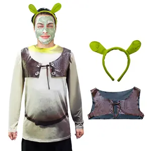 Monster costume Halloween long sleeved T-shirt Front Back Print Three piece set with vest headband for Men and Women
