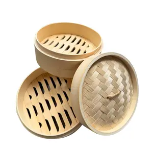 Thy Home 2-Tier Stackable Natural Bamboo Steamer Basket Set, Multi-Size Bamboo Cookware for Steaming Food, Dim Sum, Dumplings and Dishes, Ideal for Asian Kitchen Needs