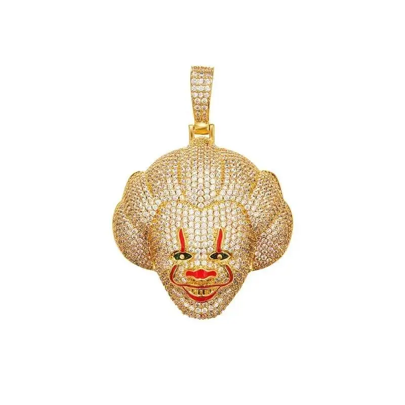 Iced Out Pendant Necklace with Horror Clown Face, Unisex Gold Tone Hip Hop Jewelry, Streetwear Statement Piece with Multiple Chains, Pennywise Clown, Rhinestones, Chain Jewelry Necklaces