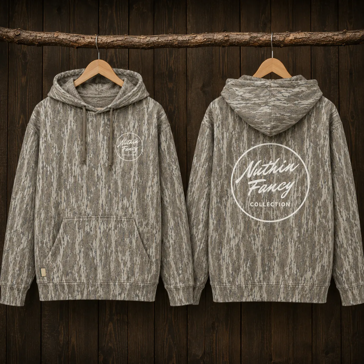 Washed Out BOTTOMLAND Nuthin Fancy Triblend Hoodie with Mossy Oak Tree Print, Long Sleeve Outdoor Hunting Pullover, Soft & Durable Camouflage Sweatshirt, Gift for Men
