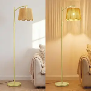 Floor Lamp, Rattan Floor Lamp with Hand-Woven Shade, Boho Floor Lamp with Dimmable Knob, Floor Lamps for Living Room Bedroom, Arc Floor Lamp & Tall Standing Lamp with 7W Bulb