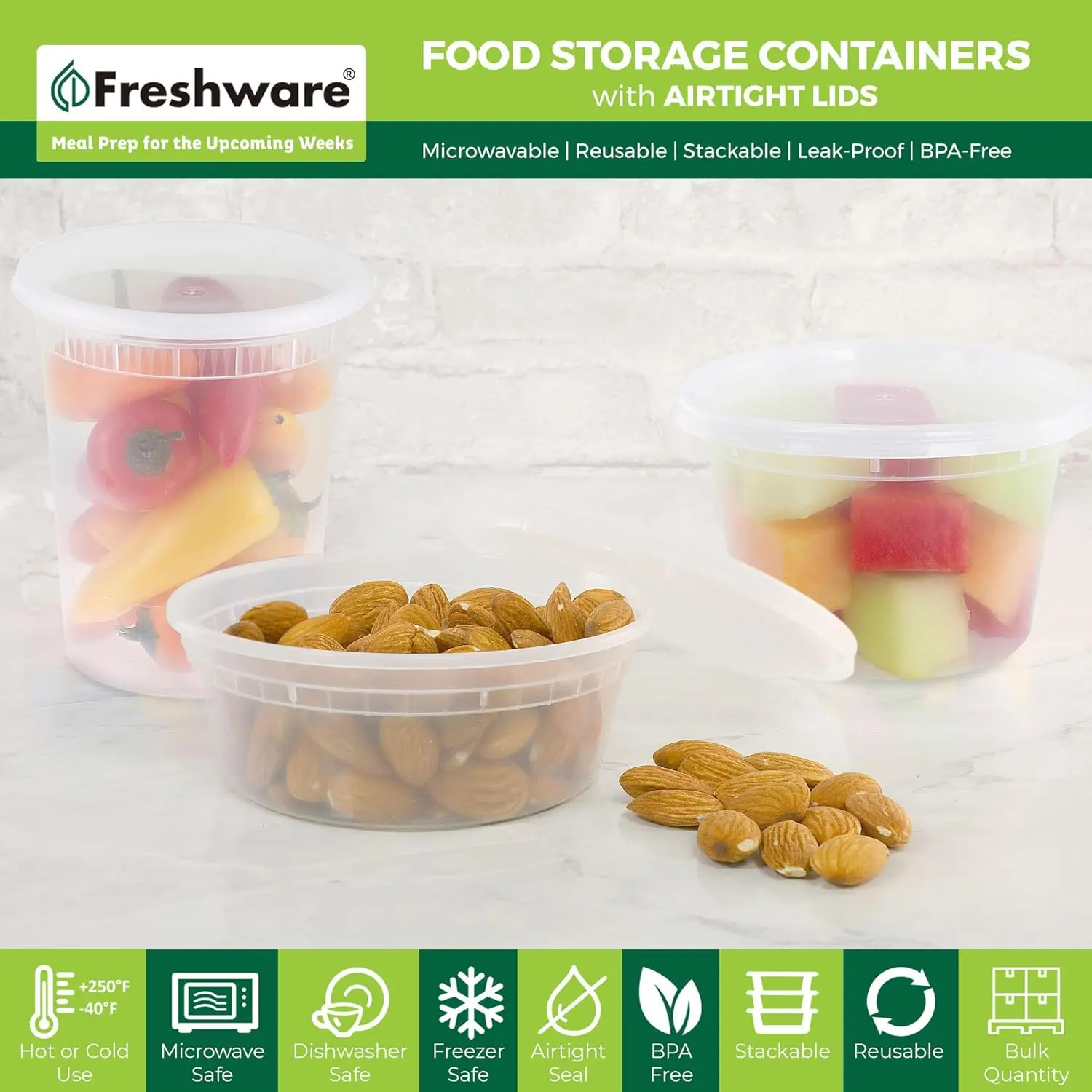 FRESHWARE 60-Pack Airtight Plastic Storage Containers - Leakproof Lids, 8oz/16oz/32oz (20 Each), BPA-Free Recyclable Polypropylene, Portable Stackable Reusable Food Organizer, Refrigerator/Microwave/Freezer Safe, Refrigerator Storage, Portable Food Storag
