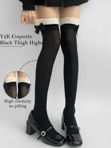 Lace Bow Over-The-Knee Stockings, Sweet Lolita Sheer Pantyhose, Y2K High Elastic Thin Stockings, Versatile Teen Girl Fashion, Socks