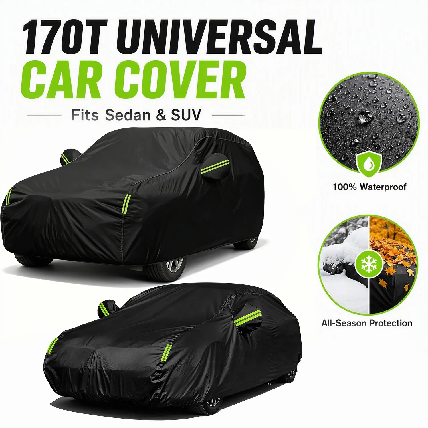 Black Full Car Cover for Sedans & SUVs - All-Season Car Protection, Lightweight High-Density Nylon, Waterproof, UV-Resistant, Dust-Proof, Scratch-Resistant, with Storage Bag, Multiple Fits for Outdoor Use
