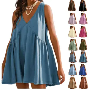 Yeokou Women's A-Line Sleeveless Mini Dress V Neck Summer Babydoll Dress Pleated Swing Flowy Beach Sundress with Pockets