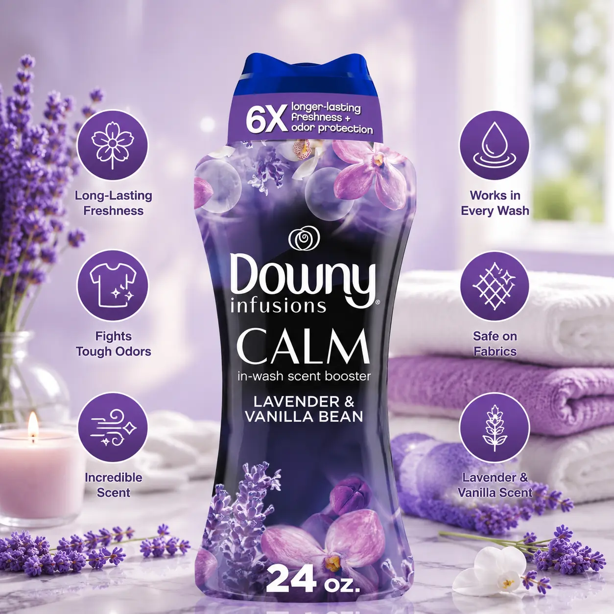 Downy Calm In Wash Laundry Scent Booster Beads, Soothing Lavender And Vanilla Bean Scent, 24.0 OZ, Laundry Scent Beads, Long Lasting Freshness