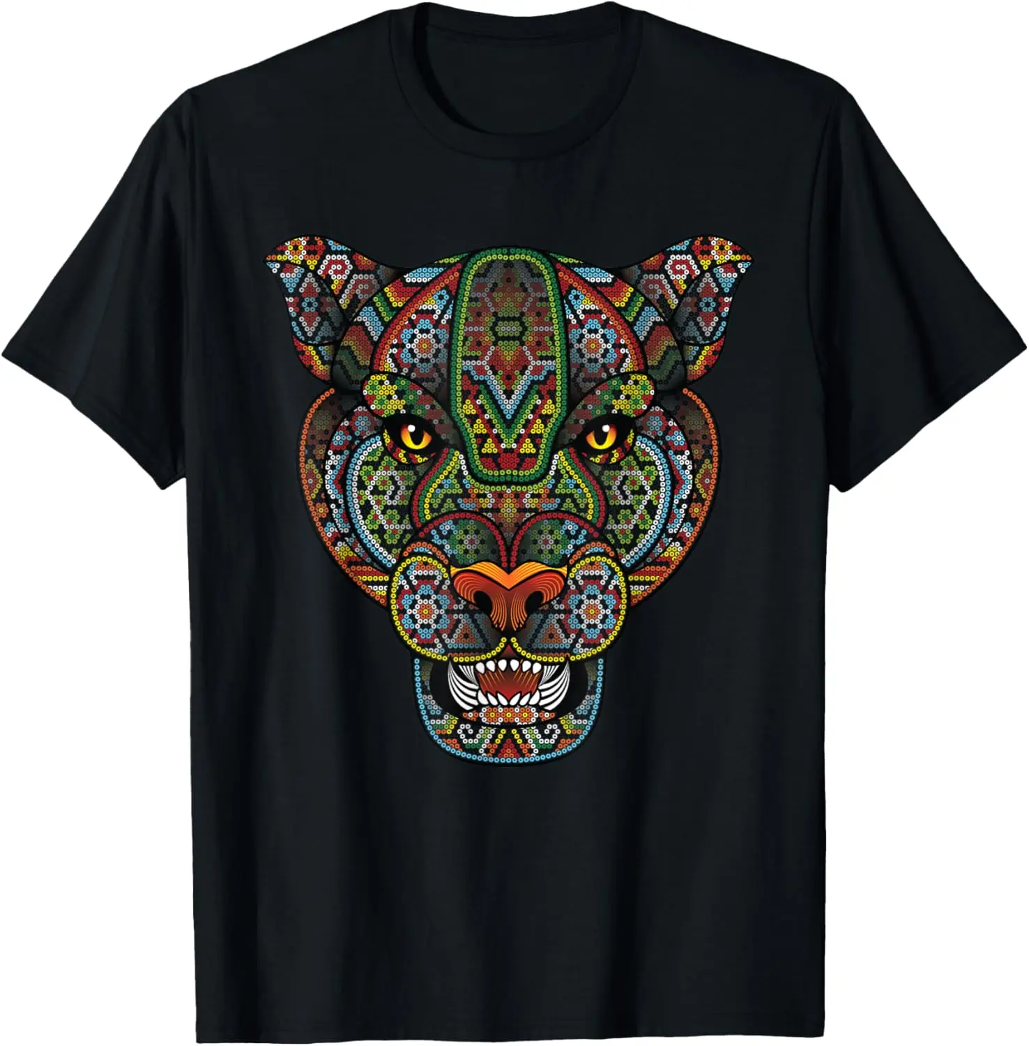 Men's Fashion Soft Cotton Fabric Short-Sleeve Round Neck T-Shirt - Jaguar Head, Huichol Face, Mexico Aztec Mayas Design for Couples