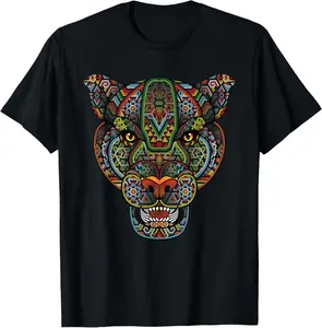Menswear Casual Natural Short-Sleeve Round Neck T-Shirt with Jaguar Head Huichol Face, Mexico Aztec Mayas Design for Lovers