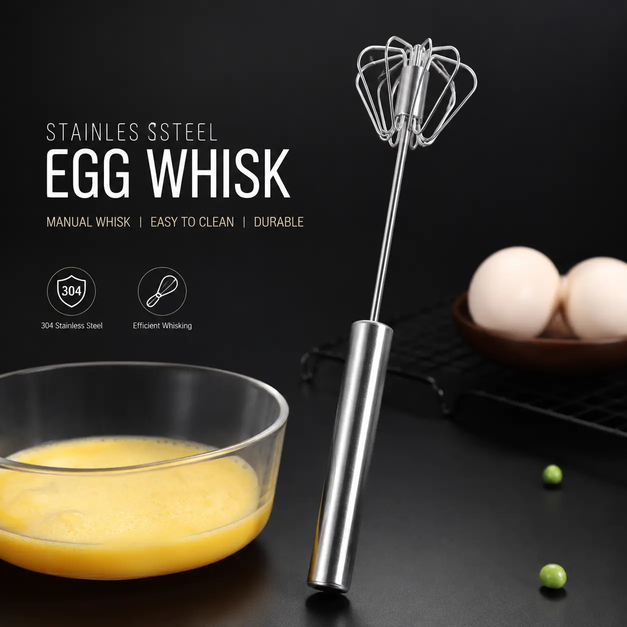 304 Stainless Steel Semi-Automatic Egg Whisk, Hand Push Rotary Mixer, Labor-Saving Kitchen Tool for Eggs, Cream, Baking, Durable & Easy to Clean Manual Beater for Home Cooking