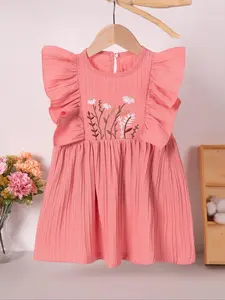 Toddler Girl's Floral Embroidery Ruffle Trim Dress, Cute Elegant Puff Sleeve Square Neck Dress for Summer, Kids Clothes for Daily Wear, Baby Girl Clothes