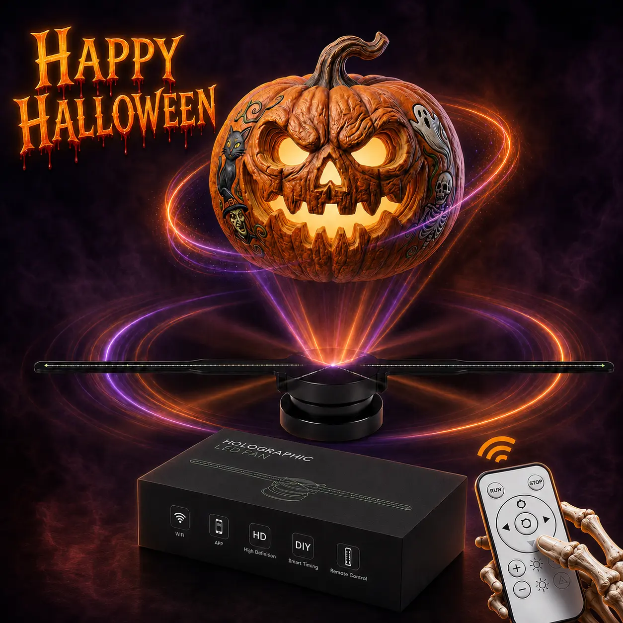 42cm Dual-Blade 3D Hologram Fan Projector, App-Controlled Home Cinema Projector with Custom Video Upload, Programmable LED Holographic Advertising Light for Halloween Parties, Stores, Gifts