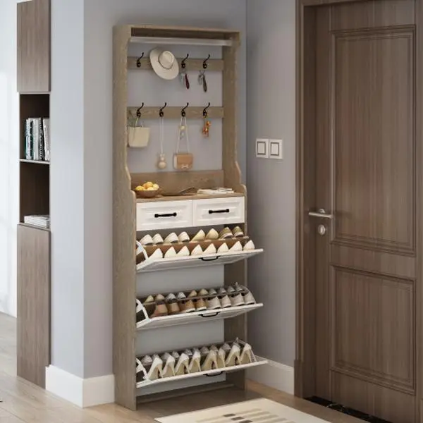 All-In-1 Organizer Shoe Storage - Freestanding Adjustable Hangable Multi-Level Rectangle Rack, Adjustable Shelf, 3 Flip Drawers, 2 Rows of 8 Hooks for Clothes/Bags, Above 25 kg Capacity, Space-Saving Hat Holder Hanger, Assembly Required,floor