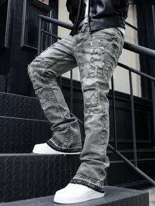 Men's Distressed Ripped Stylish Denim Jeans, Y2K Stackable Pants, Loose-Fitting Button Fly, All Seasons Casual Wear, Patchwork Design
