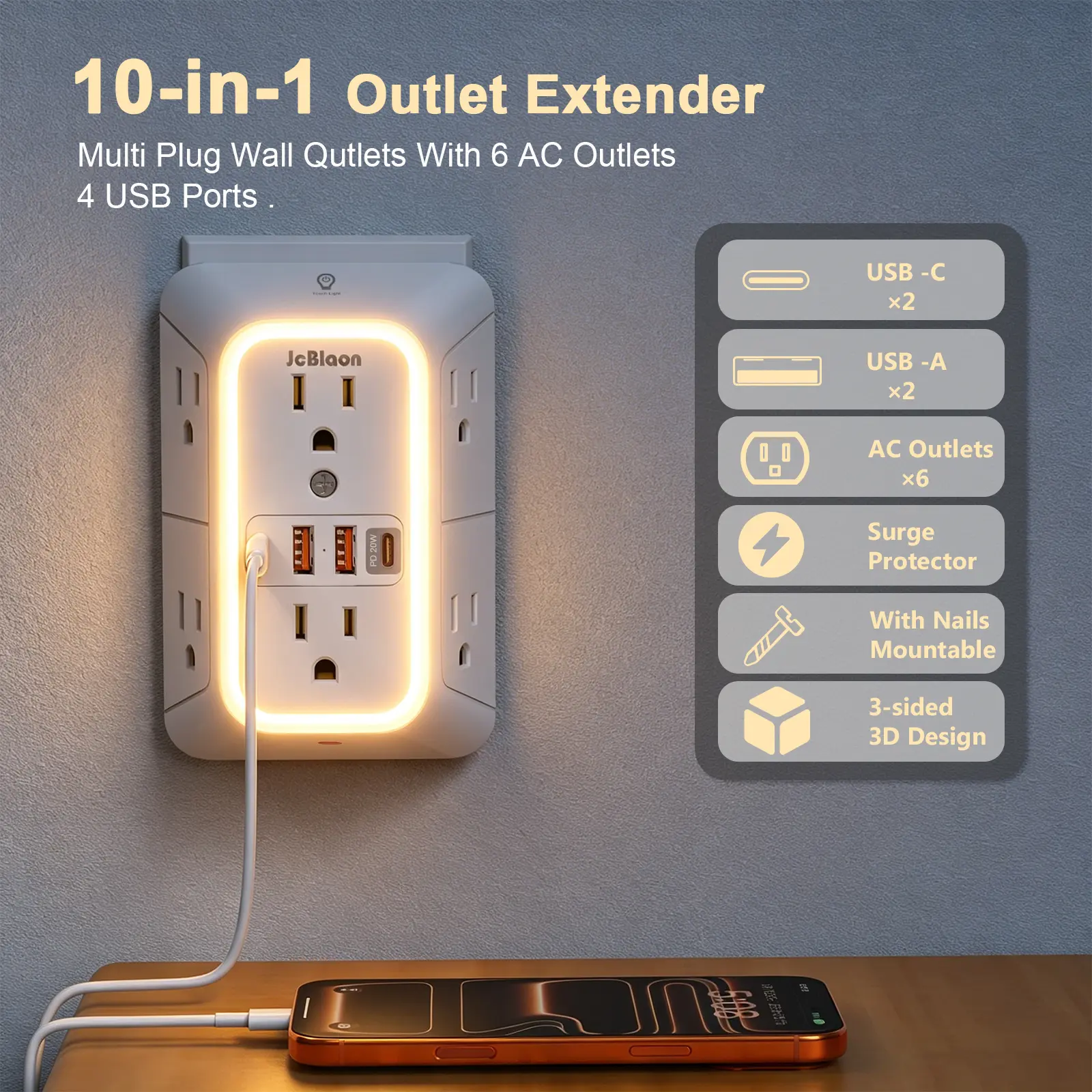 10-in-1 Surge Protector (Multi-Port Output, Outlet Extender, Plug Extender Socket) - Newly Upgraded 3-Sided Smart Plug-In Power Line Protector with 6 AC, 4 USB Ports, 20W PD Fast Charge, Night Light for Home & Dorm, Multi-Port Output Sockets, Outlet Exten