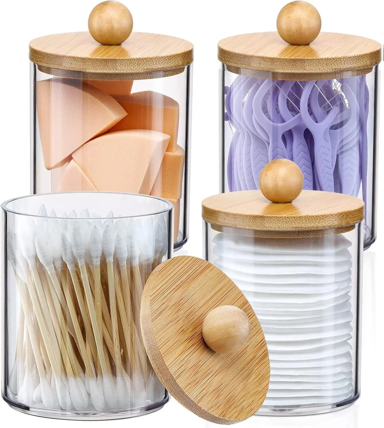 4 Pack Qtip Holder Dispenser with Bamboo Lids - 10 oz Clear Plastic Apothecary Jar Containers for Vanity Makeup Organizer Storage - Bathroom Accessories Set for Cotton Swab, Ball, Pads, Floss