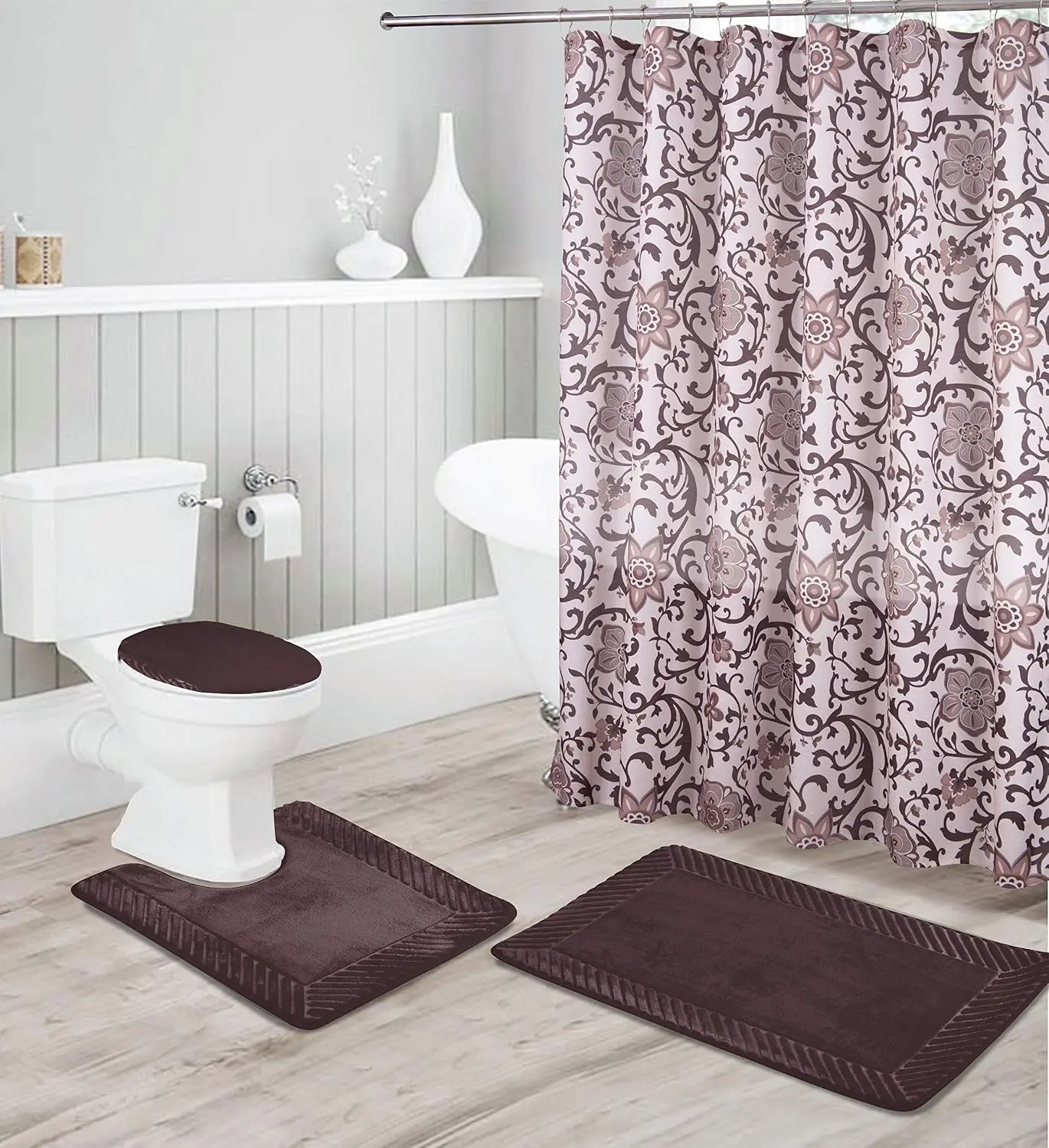 Luxury Home 16 Piece Embossed Memory Foam Non-Slip Bathroom Rug Set Includes Bath Rug Mat, Contour Mat, Toilet Lid Cover, Shower Curtain, and 12 Metal Roller Hooks
