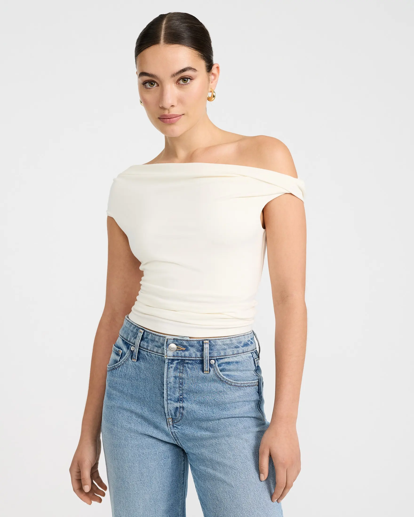 Express Ribbed Knit Off The Shoulder Twist Tee