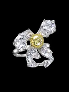 Luxury Lab Grown Diamond Floral Cocktail Ring, Yellow Center Stone Sparkling Statement Ring for Women